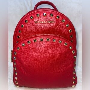 Studded Michael Kors Abbey Red Pebbled Leather Backpack Handbag Gold Hardware